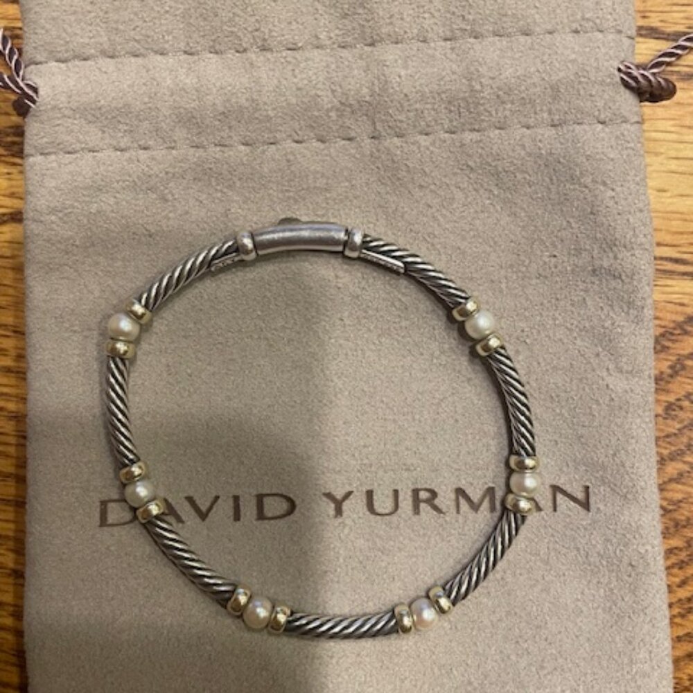 David Yurman Hampton Sterling Silver /14 kt Gold Pearl Cable Bracelet With Pouch